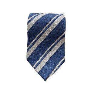 Kenneth Cole New York Silk Tie Blue Tan Striped Herringbone Textured Handmade